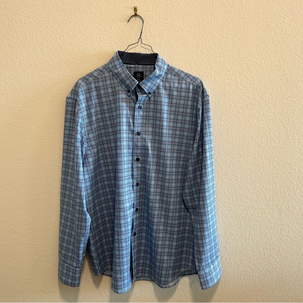 Michael Strahan Blue Plaid Casual Button-Down Shirt - Slim